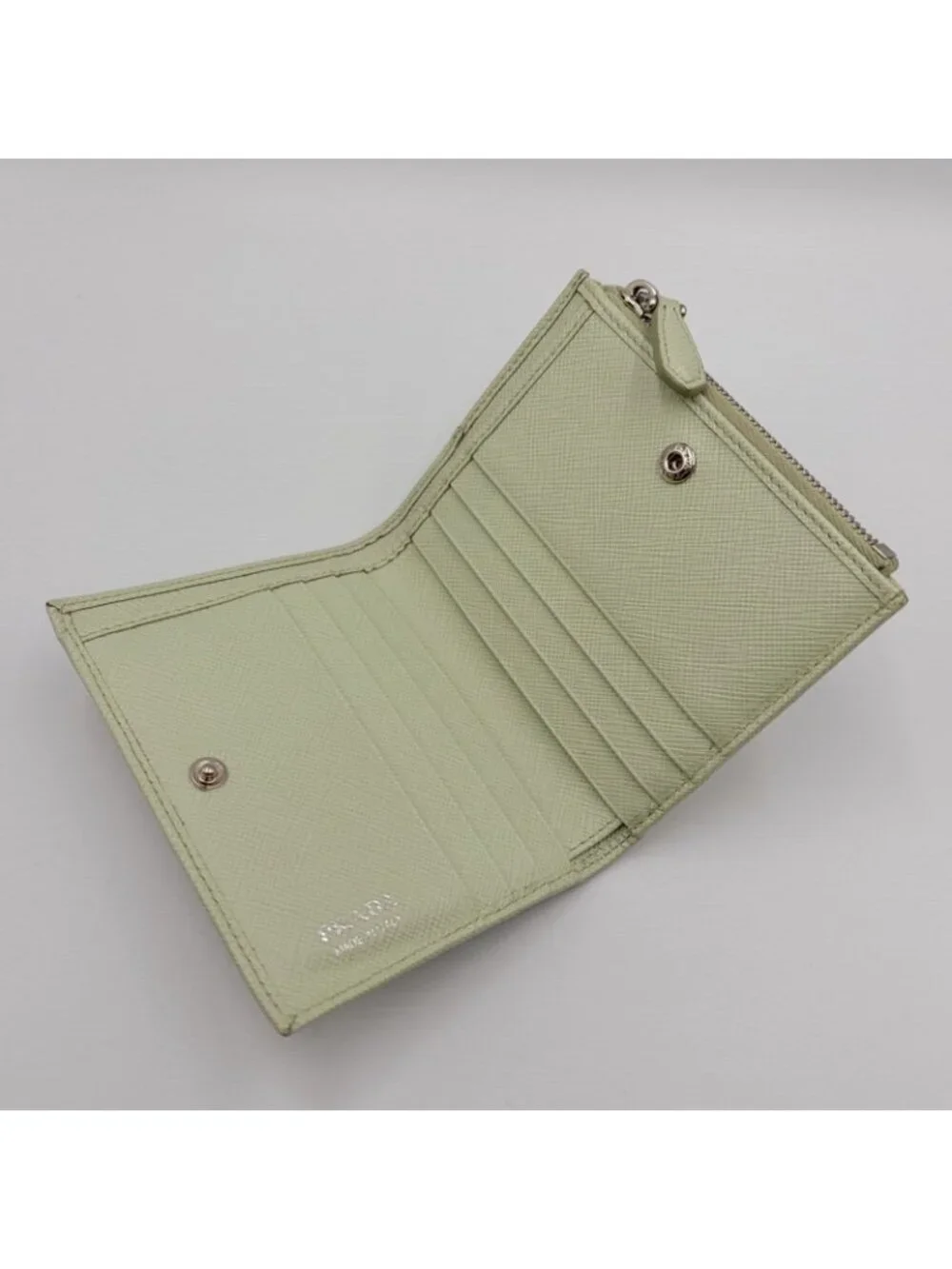 Prada Saffiano Wallet Leather Light Green Triang Silver